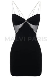 MADDY DIAMANTE STRAP CUTOUT MINI DRESS - Black - MALVI PARIS