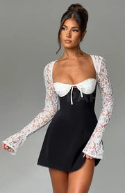 Madison Long Lace Sleeves Back Straps Mini Dress - Black & White