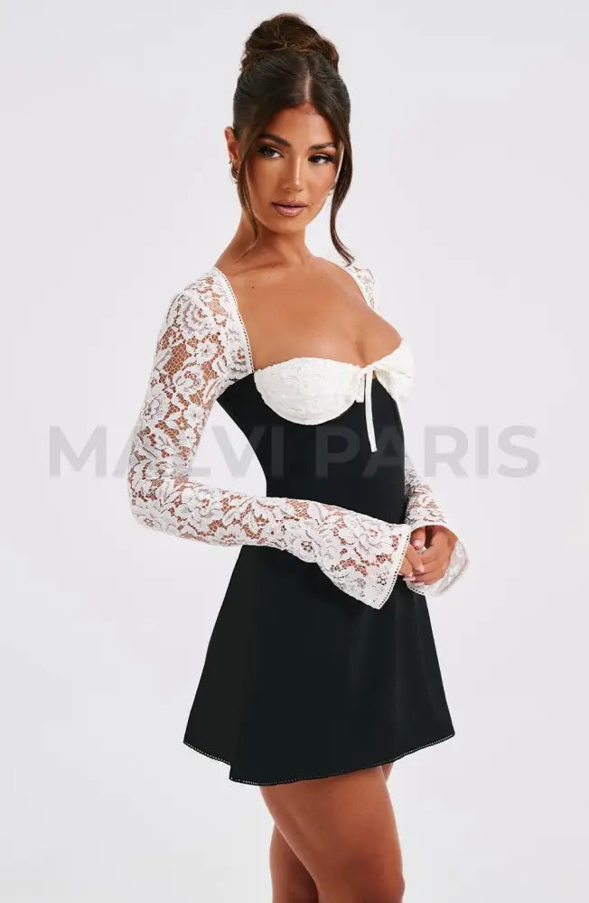 Madison Long Lace Sleeves Back Straps Mini Dress - Black & White