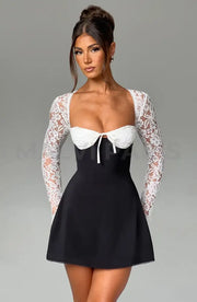 Madison Long Lace Sleeves Back Straps Mini Dress - Black & White