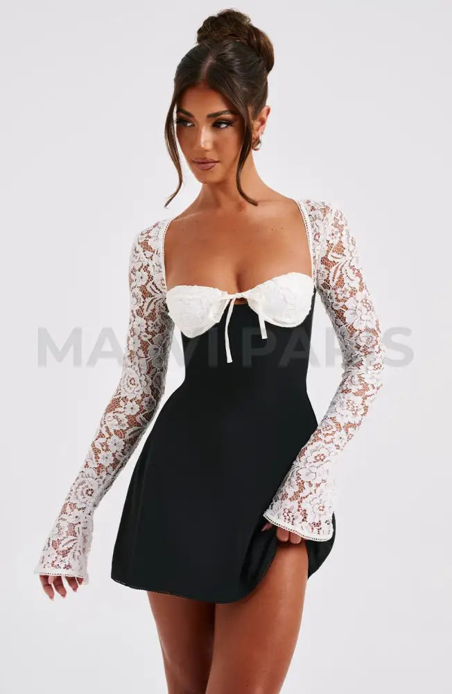 Madison Long Lace Sleeves Back Straps Mini Dress - Black & White