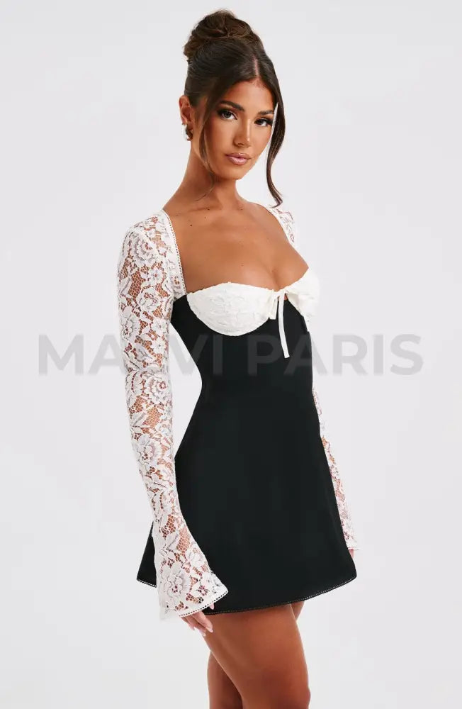 Madison Long Lace Sleeves Back Straps Mini Dress - Black & White