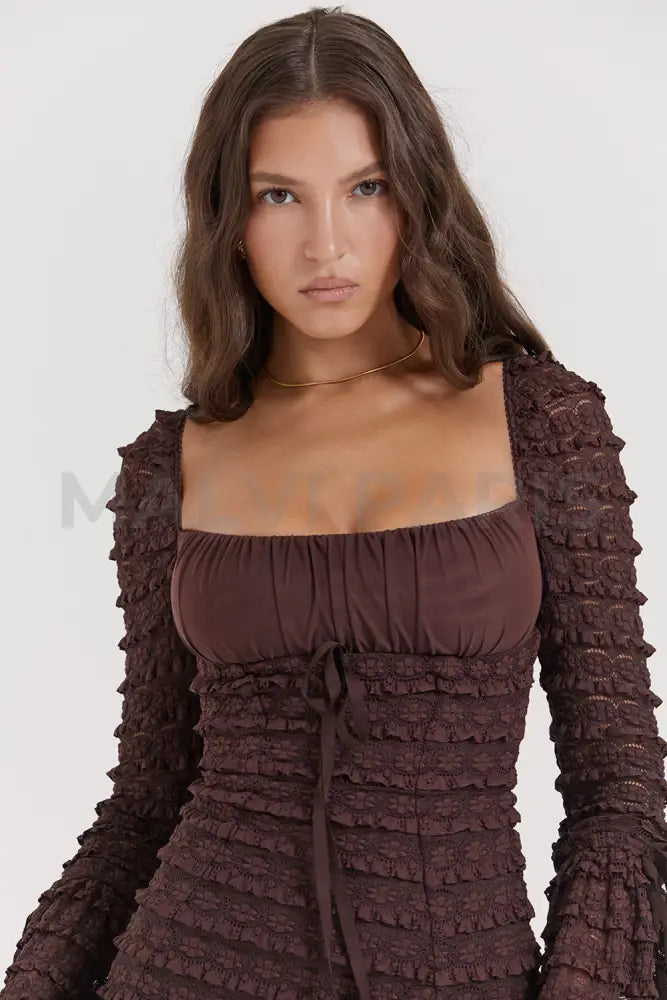 Marisa Espresso Lace Mini Dress - Dark Brown