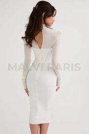 Milarose White Mesh Corset Midi Dress - White