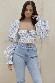 MILLICENT WHITE FLORAL CROPPED CORSET TOP - Blue - MALVI PARIS