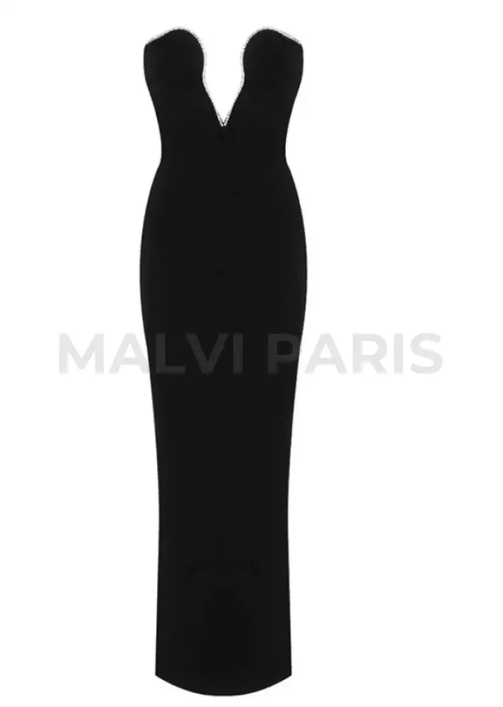 MUSE CUT OUT STRAPLESS MAXI DRESS WITH RHINESTONES - Black - MALVI PARIS