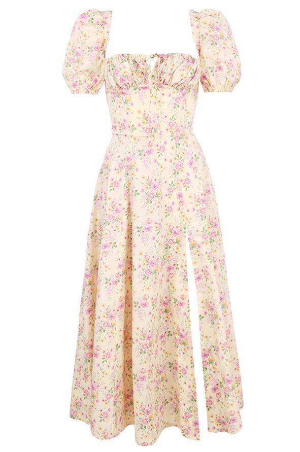 TALLULAH LEMON FLORAL PUFF SLEEVE MIDI SUNDRESS - Yellow - MALVI PARIS