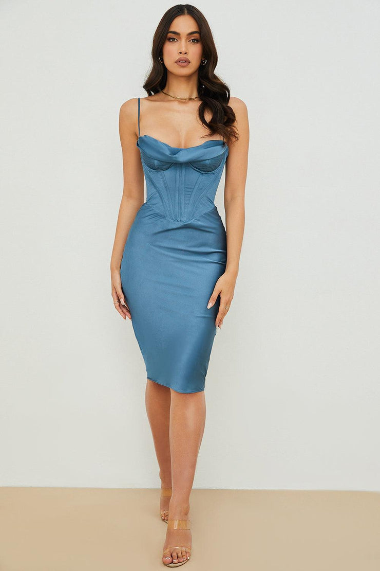 NARIN Corset Slip Midi Dress - Blue - MALVI PARIS