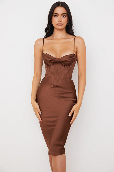 NARIN Corset Slip Midi Dress - Brown - MALVI PARIS