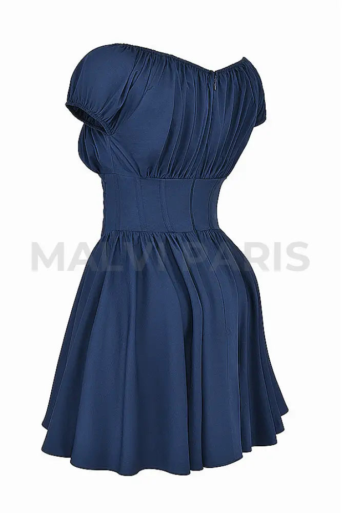 Nala French Navy Gathered Mini Dress - Dark Blue