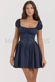 Nala French Navy Gathered Mini Dress - Dark Blue