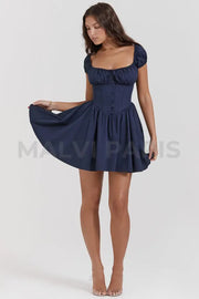 Nala French Navy Gathered Mini Dress - Dark Blue