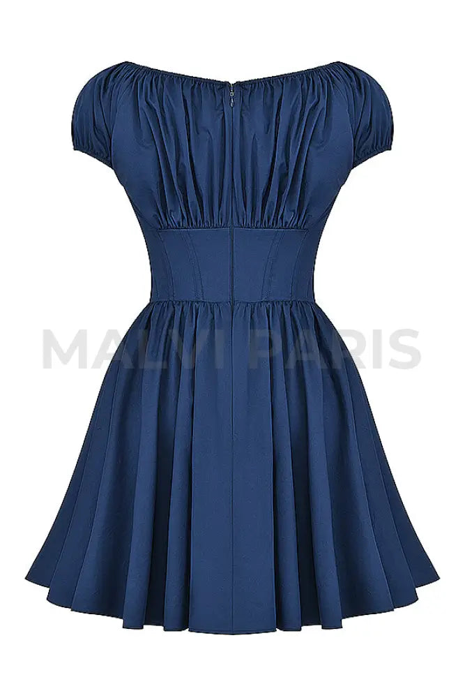 Nala French Navy Gathered Mini Dress - Dark Blue