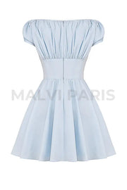 Nala Soft Blue Cotton Gathered Mini Dress - Blue