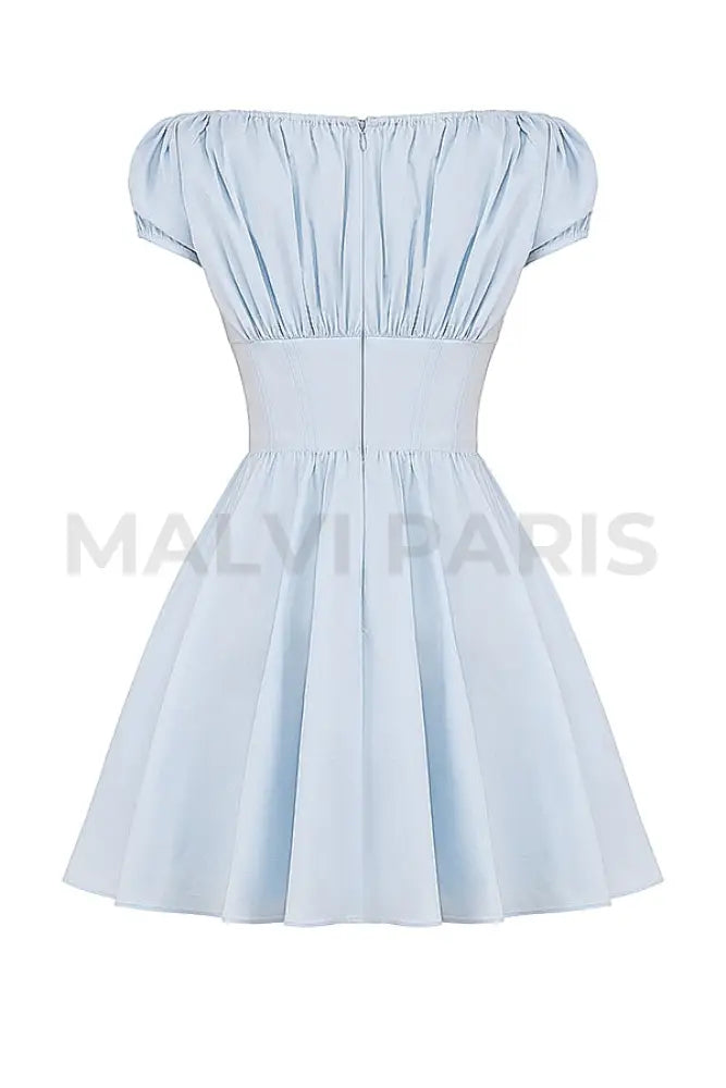 Nala Soft Blue Cotton Gathered Mini Dress - Blue