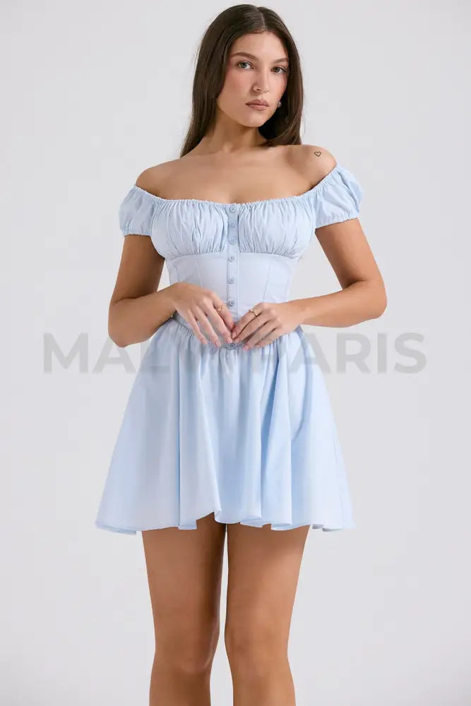 Nala Soft Blue Cotton Gathered Mini Dress - Blue