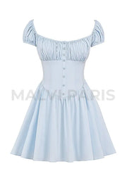 Nala Soft Blue Cotton Gathered Mini Dress - Blue