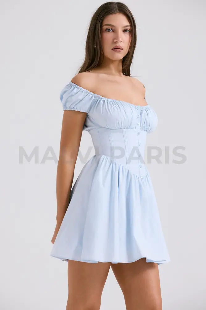 Nala Soft Blue Cotton Gathered Mini Dress - Blue