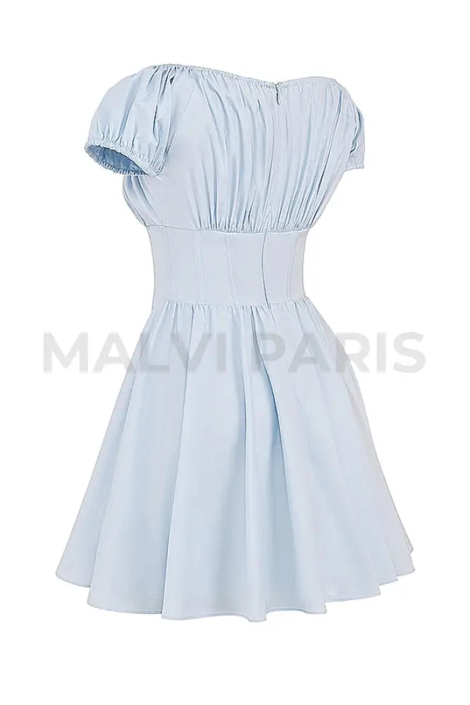 Nala Soft Blue Cotton Gathered Mini Dress - Blue