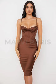 NARIN Corset Slip Midi Dress - Brown - MALVI PARIS