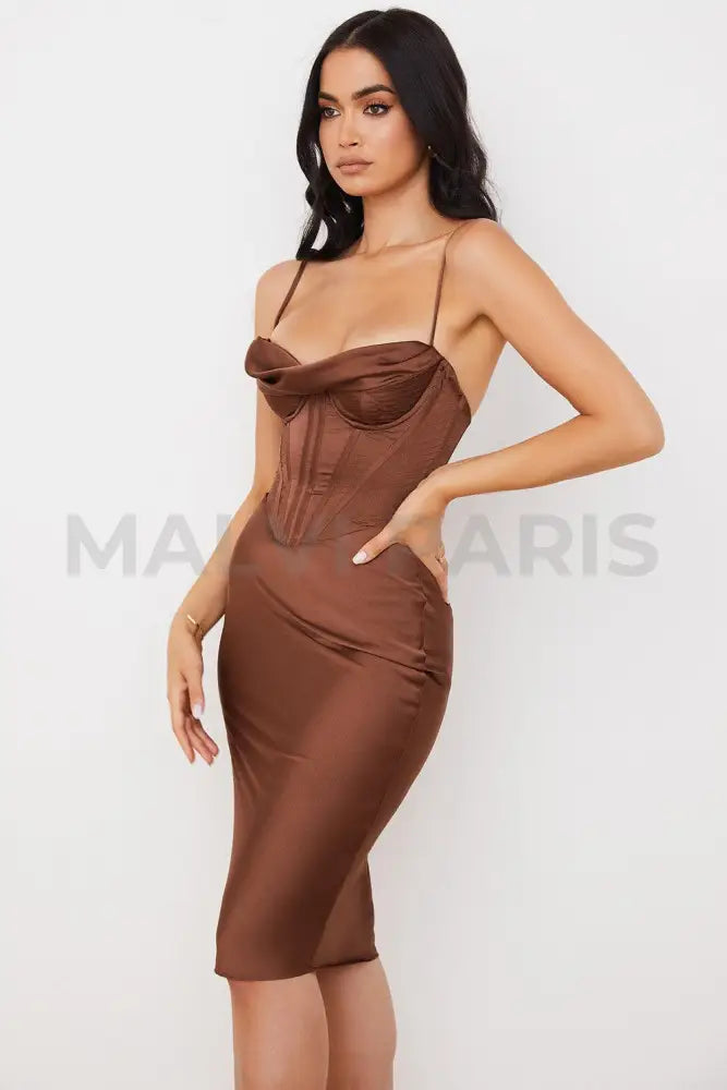 NARIN Corset Slip Midi Dress - Brown - MALVI PARIS