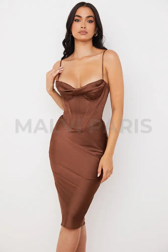 NARIN Corset Slip Midi Dress - Brown - MALVI PARIS