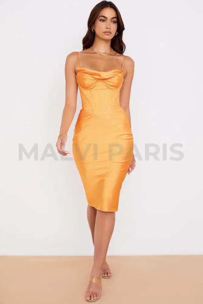 NARIN Corset Slip Midi Dress - Orange - MALVI PARIS