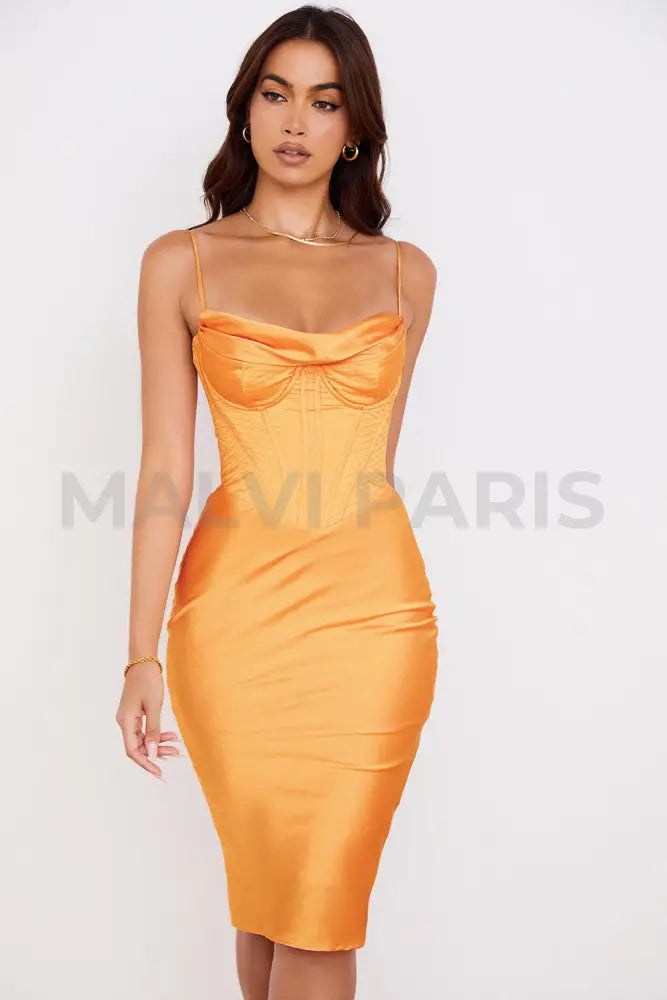 NARIN Corset Slip Midi Dress - Orange - MALVI PARIS