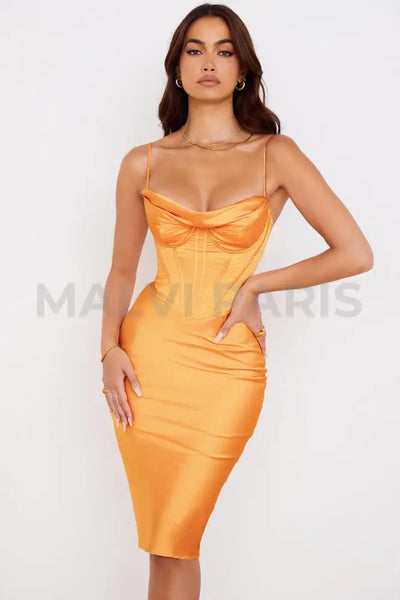 NARIN Corset Slip Midi Dress - Orange - MALVI PARIS