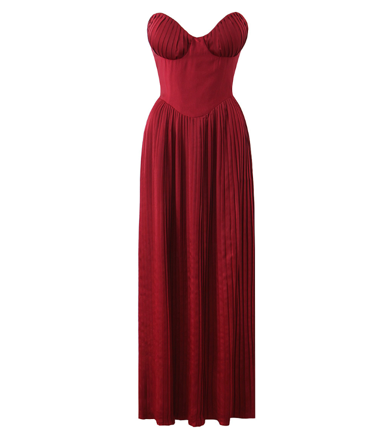 Marcella - Berry Pleated Georgette Maxi Dress - RED