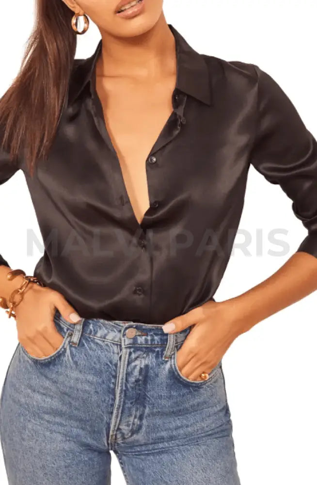 NOA  BLACK SATIN BLOUSE SHIRT - MALVI PARIS