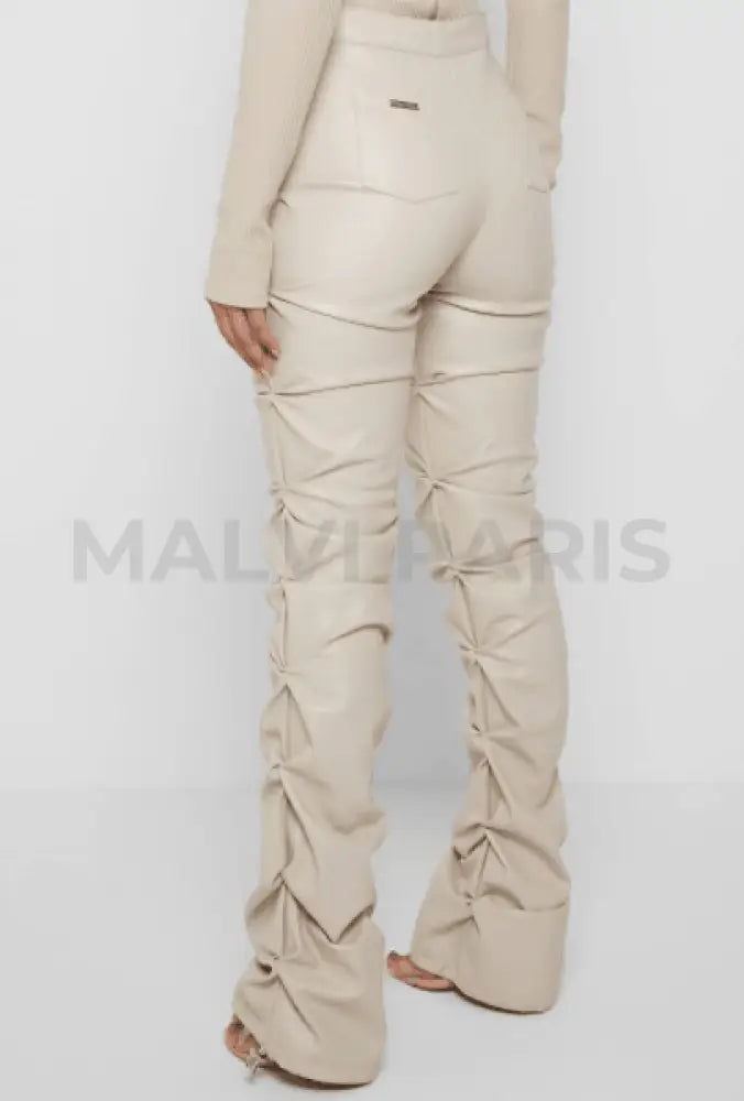 PADDED VEGAN LEATHER FLARED PANTS-BEIGE - MALVI PARIS