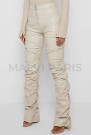 PADDED VEGAN LEATHER FLARED PANTS-BEIGE - MALVI PARIS