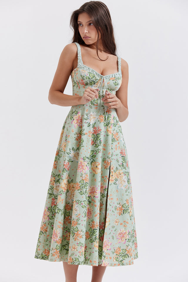 SABRINA LIGHT JADE PRINT BUSTIER SUNDRESS MIDI DRESS  - Green