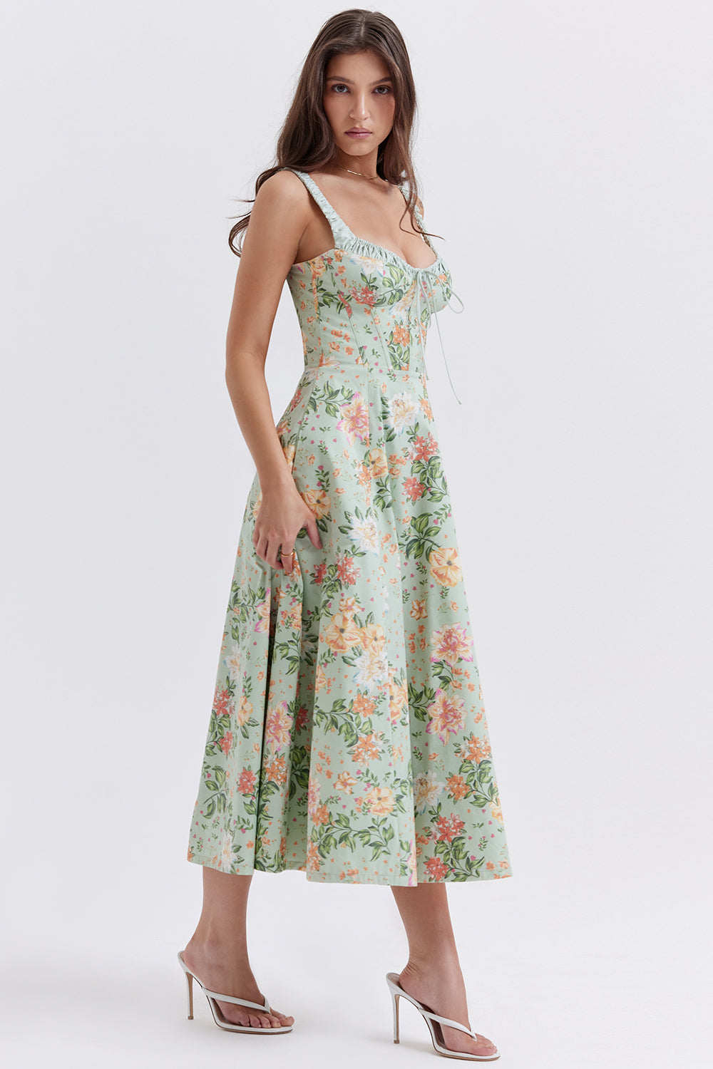 SABRINA LIGHT JADE PRINT BUSTIER SUNDRESS MIDI DRESS  - Green