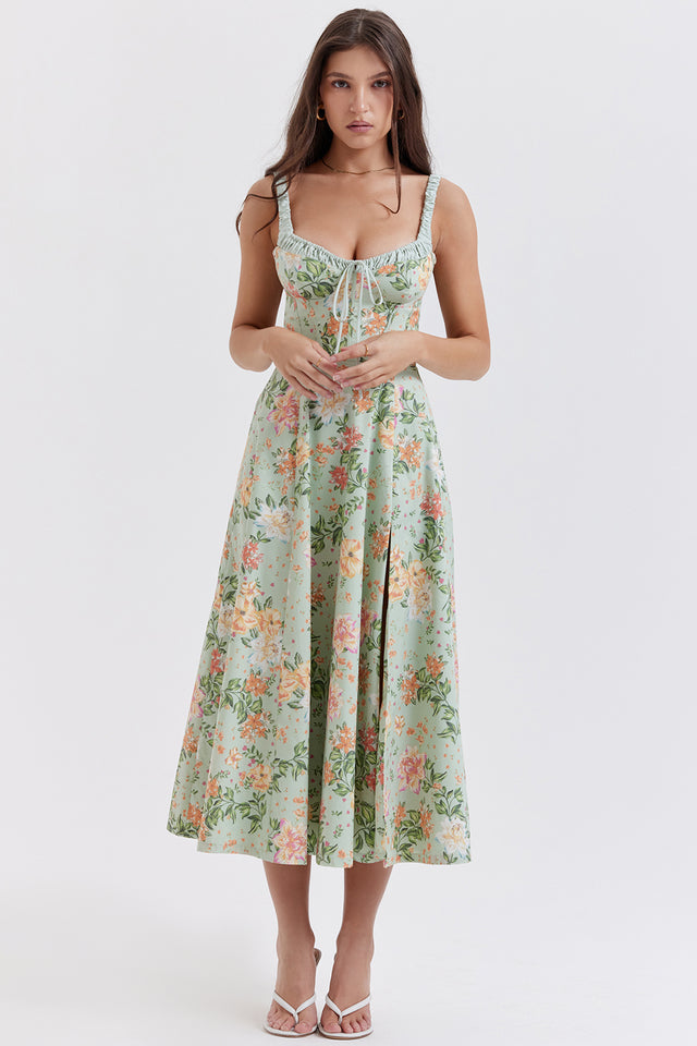 SABRINA LIGHT JADE PRINT BUSTIER SUNDRESS MIDI DRESS  - Green