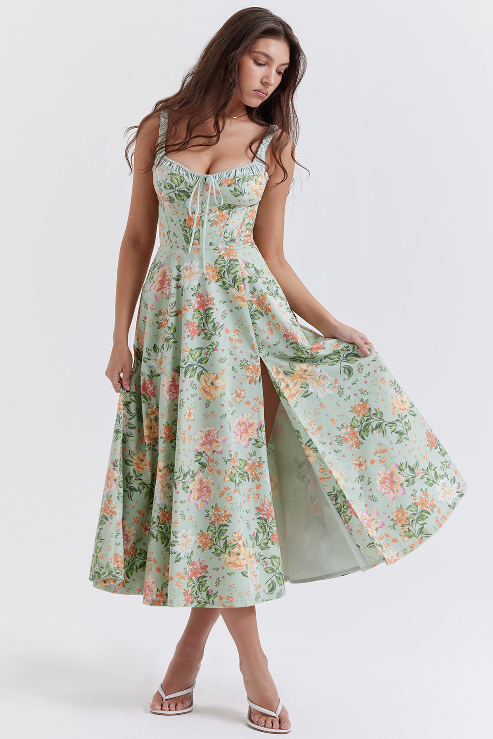 SABRINA LIGHT JADE PRINT BUSTIER SUNDRESS MIDI DRESS  - Green