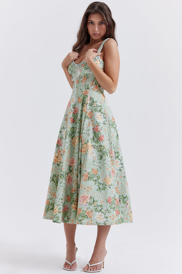 SABRINA LIGHT JADE PRINT BUSTIER SUNDRESS MIDI DRESS  - Green