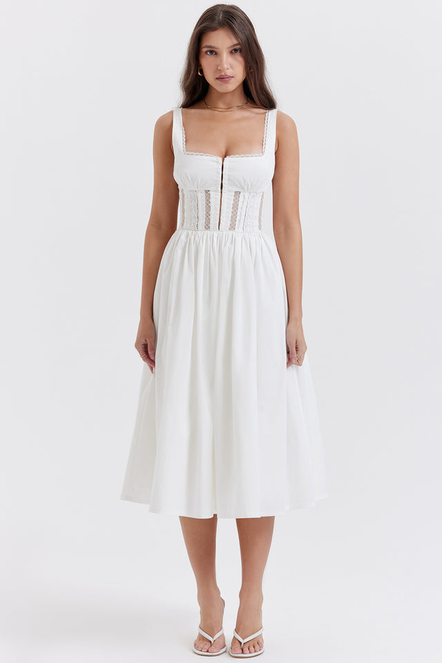 PERLE WHITE LACE TRIM MIDI DRESS - White