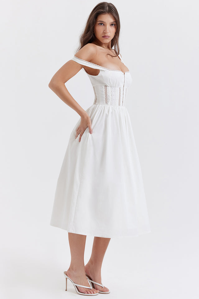 PERLE WHITE LACE TRIM MIDI DRESS - White