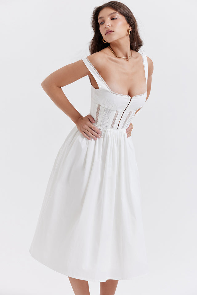 PERLE WHITE LACE TRIM MIDI DRESS - White