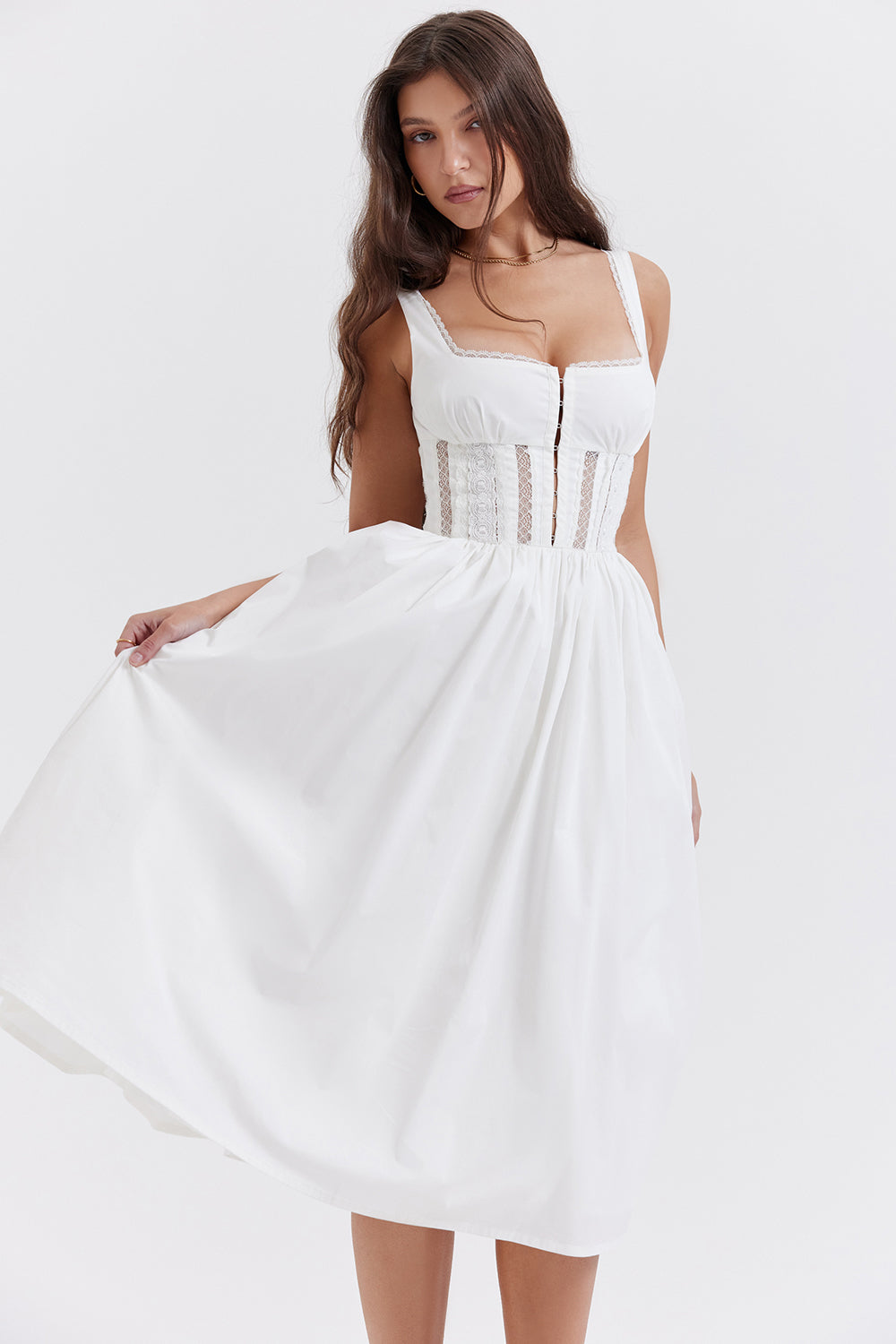 PERLE WHITE LACE TRIM MIDI DRESS - White