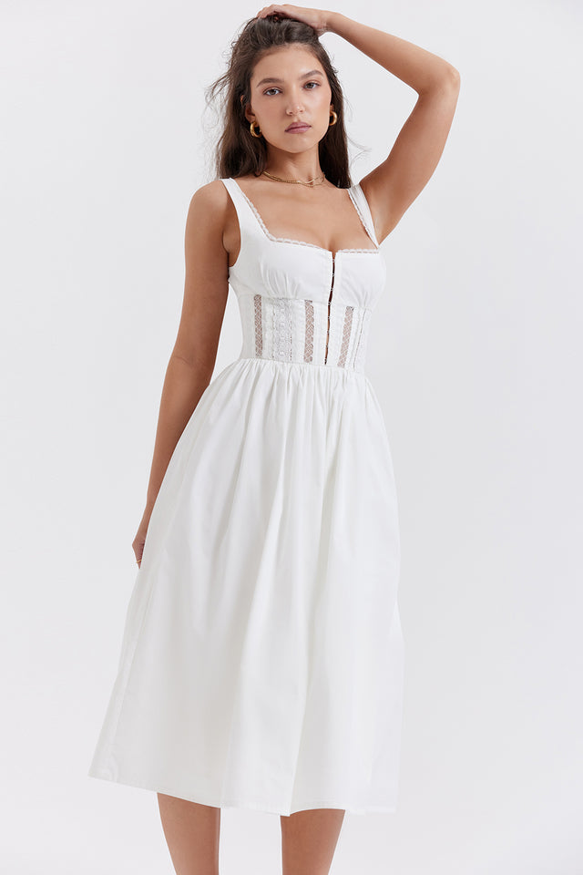 PERLE WHITE LACE TRIM MIDI DRESS - White