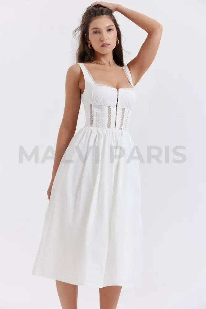 Perle White Lace Trim Midi Dress - White Dresses