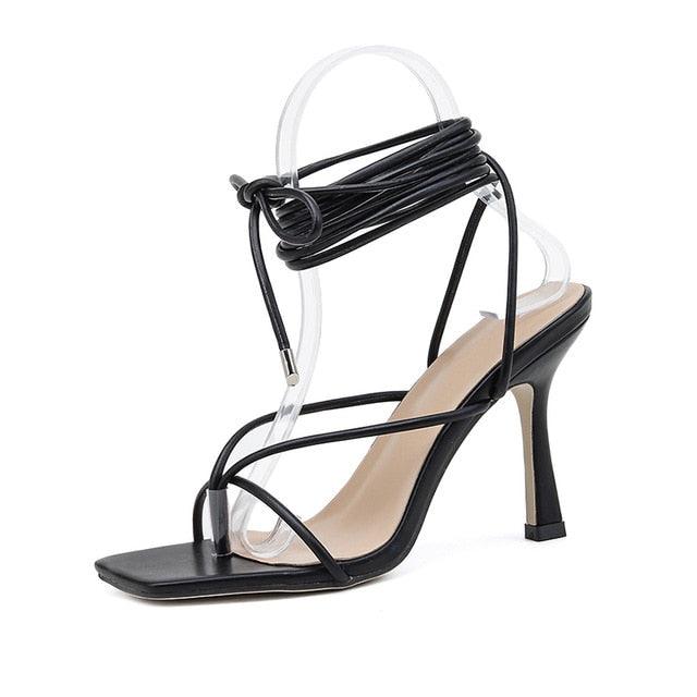 Leona Square Cross Straps High Heels Sandals - Black