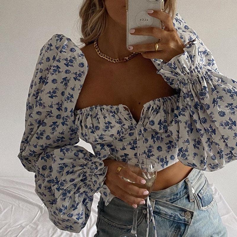 MILLICENT WHITE FLORAL CROPPED CORSET TOP - Blue