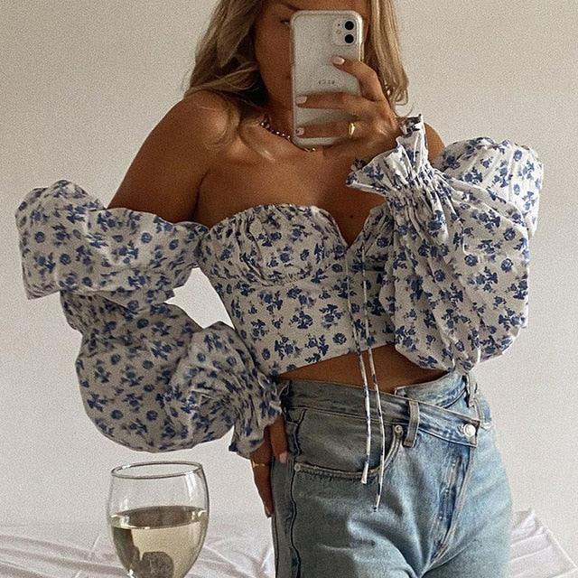 MILLICENT WHITE FLORAL CROPPED CORSET TOP - Blue