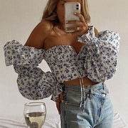 MILLICENT WHITE FLORAL CROPPED CORSET TOP - Blue - MALVI PARIS