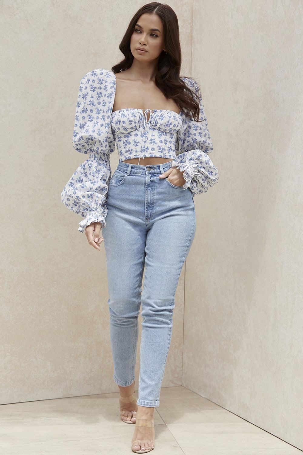 MILLICENT WHITE FLORAL CROPPED CORSET TOP - Blue