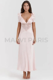 Rafaela Soft Peach Pure Silk & Lace Dress Maxi - Pink